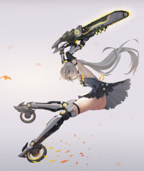 Rule 34 | 1girl, a san san, absurdres, bare shoulders, black dress, chainsword, closed mouth, dress, from behind, grey eyes, grey hair, highres, holding, holding sword, holding weapon, huge weapon, long hair, mechanical arms, mechanical legs, nanami: pulse (punishing: gray raven), nanami (punishing: gray raven), no panties, ponytail, punishing: gray raven, sidelocks, skates, solo, sword, very long hair, weapon