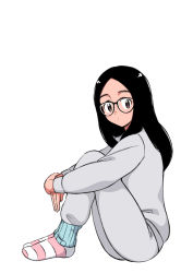 Rule 34 | 1girl, aragon honnin, black hair, brown eyes, expressionless, from above, full body, glasses, grey pants, grey shirt, knees up, long hair, long sleeves, looking at viewer, original, pants, shirt, simple background, sitting, socks, solo, white background