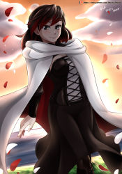 Rule 34 | 1girl, absurdres, artist request, black hair, cape, corset, grass, highres, looking at viewer, patreon logo, patreon username, petals, red hair, rose petals, rwby, short hair, grey eyes, smile, solo, summer rose, sunset, vilde loh hocen, watermark, web address, white cape