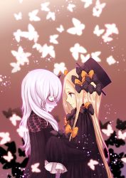 Rule 34 | 2girls, abigail williams (fate), albino, black bow, black dress, black hat, blonde hair, blue eyes, blush, bow, bug, butterfly, commentary request, dress, fate/grand order, fate (series), frown, hair bow, hands in opposite sleeves, hat, insect, lavinia whateley (fate), long hair, looking at another, looking down, multiple girls, orange bow, red eyes, ribbed dress, sleeves past wrists, smile, tsukiko (cherrypie727), white hair
