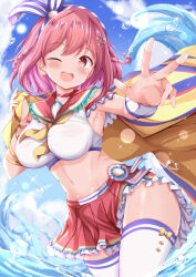 1girl ;d bad_arm blue_sky blush braid breasts brown_eyes cloud comiket_104 commentary_request crop_top day frilled_sailor_collar frilled_skirt frills hair_ornament hairclip highres hoshizaki_akari large_breasts looking_at_viewer midriff navel one_eye_closed ongeki open_mouth outdoors pink_hair pleated_skirt red_sailor_collar red_skirt sailor_collar skirt sky smile solo thighhighs twin_braids water waves white_thighhighs wrist_cuffs xenon_(for_achieve)