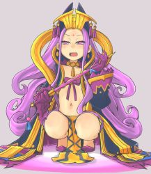 Rule 34 | 1girl, alternate hairstyle, blue coat, bow, choker, coat, collarbone, curly hair, drop earrings, earrings, fang, fate/grand order, fate (series), full body, gloves, gold trim, highres, holding rod, jewelry, knees, legs, loincloth, long hair, looking at viewer, macbail, navel, open clothes, open coat, open mouth, pommel tassel, purple background, purple bow, purple eyes, purple gloves, purple hair, rod, simple background, slippers, solo, squatting, tassel, very long hair, wu zetian (fate)
