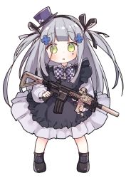 Rule 34 | 1girl, :o, assault rifle, bad id, bad pixiv id, black dress, black footwear, black socks, blush, bow, checkered bow, checkered clothes, chibi, collared shirt, commentary request, dress, dress shirt, facial mark, frilled dress, frills, full body, girls&#039; frontline, green eyes, gun, h&amp;k hk416, hat, heckler &amp; koch, hk416 (black kitty&#039;s gift) (girls&#039; frontline), hk416 (girls&#039; frontline), holding, holding gun, holding weapon, long hair, long sleeves, looking at viewer, mini hat, mini top hat, official alternate costume, parted lips, puffy long sleeves, puffy sleeves, purple hat, rifle, shirt, shoes, sidelocks, silver hair, simple background, sleeveless, sleeveless dress, socks, solo, standing, tilted headwear, top hat, tsuka, two side up, very long hair, weapon, white background, white shirt