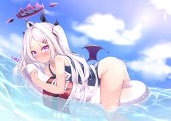 Rule 34 | 1girl, afloat, blue archive, blue one-piece swimsuit, blue sky, blush, cloud, cloudy sky, commentary request, demon girl, demon horns, demon wings, gmkj, hair ornament, hairclip, halo, hina (blue archive), hina (swimsuit) (blue archive), horizon, horns, lifebuoy, long hair, looking at viewer, lying, name tag, ocean, old school swimsuit, on stomach, one-piece swimsuit, purple eyes, school swimsuit, sidelocks, sky, solo, swim ring, swimsuit, white hair, wings