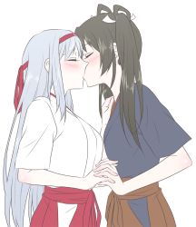 Rule 34 | 10s, 2girls, bad id, bad pixiv id, blush, brown hair, closed eyes, female focus, hachimaki, hair ribbon, hair rings, hand on another&#039;s shoulder, headband, interlocked fingers, japanese clothes, kantai collection, kiss, long hair, miko, multiple girls, ribbon, shoukaku (kancolle), silver hair, simple background, twintails, udon (shiratama), very long hair, white background, yuri, zuikaku (kancolle)