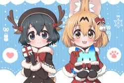 Rule 34 | 2girls, adapted costume, animal costume, animal ears, antlers, black gloves, black hair, black mittens, blonde hair, blue eyes, blush, bow, bowtie, brown capelet, brown coat, brown headwear, capelet, coat, commentary, ear ribbon, extra ears, fur trim, gloves, hair bow, heart, horns, kaban (kemono friends), kemono friends, lucky beast (kemono friends), mittens, multicolored hair, multiple girls, ransusan, red bow, red capelet, red coat, red neckwear, reindeer antlers, reindeer costume, santa costume, serval (kemono friends), short hair, spoken heart, spoken paw, winter clothes, yellow eyes