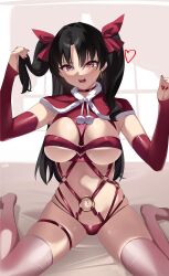 Rule 34 | 1girl, absurdres, adjusting hair, bed, bed sheet, black hair, bow, breasts, capelet, detached sleeves, fate/grand order, fate (series), fur trim, harness, heart, highres, ishtar (fate), kurozawa yui, large breasts, long hair, looking at viewer, nail polish, navel, o-ring, open mouth, pink thighhighs, red bow, red eyes, sitting, skindentation, solo, thigh strap, thighhighs, tsurime, twintails, underboob, wariza