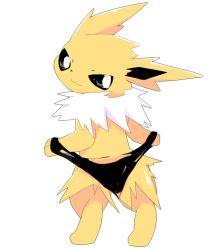 Rule 34 | 1girl, :3, animal hands, black eyes, black panties, creatures (company), feet, female focus, from behind, full body, furry, furry female, game freak, gen 1 pokemon, hands up, jolteon, legs apart, letsuo, looking at viewer, looking back, nintendo, panties, pokemon, pokemon (creature), pokemon rgby, simple background, smile, solo, standing, topless, torn clothes, torn panties, underwear, white background