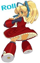 1girl android arm_cannon blonde_hair dress from_behind full_body green_eyes highres long_hair looking_at_viewer looking_back mega_man_(classic) mega_man_(series) open_mouth ponytail red_dress roll_(mega_man) solo wakaho_riku weapon