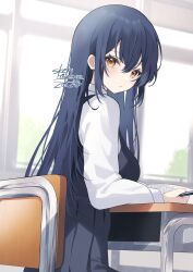 Rule 34 | 1girl, absurdres, black hair, breasts, chair, classroom, commentary, commission, desk, highres, holding, holding pen, indoors, komegoma505, long hair, long sleeves, looking at viewer, medium breasts, on chair, original, pen, pleated skirt, school chair, school desk, school uniform, shirt, sitting, skeb commission, skirt, solo, thank you, white shirt, window, yellow eyes