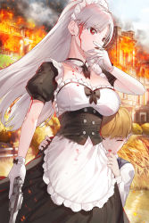 Rule 34 | 1boy, 1girl, blonde hair, blood, blood on face, breasts, burning, child, cigarette, cleavage, closed eyes, combat maid, earrings, fire, gloves, gun, handgun, highres, holding, holding gun, holding weapon, hug, jewelry, kfr, large breasts, long hair, maid, maid headdress, original, outdoors, red eyes, revolver, silver hair, smoking, tears, weapon, white gloves