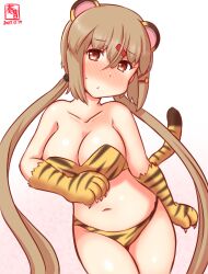 Rule 34 | 1girl, alternate costume, animal costume, animal ears, animal hands, animal print, artist logo, bikini, black bow, bow, breasts, brown eyes, brown hair, cowboy shot, dated, fake animal ears, fake tail, gloves, hair bow, hammer and sickle, implied tail plug, kanon (kurogane knights), kantai collection, large breasts, long hair, low twintails, one-hour drawing challenge, paw gloves, simple background, solo, swimsuit, tail, tashkent (kancolle), tiger costume, tiger ears, tiger paws, tiger print, tiger tail, twintails, white background