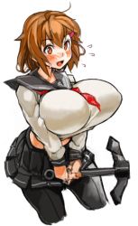 Rule 34 | 10s, 1girl, :d, alternate breast size, anchor, black pantyhose, black skirt, blush, breasts, brown eyes, brown hair, covered erect nipples, cropped legs, fang, flying sweatdrops, holding, huge breasts, ikazuchi (kancolle), kantai collection, long sleeves, miniskirt, open mouth, pantyhose, perky breasts, pleated skirt, sachito, school uniform, serafuku, short hair, simple background, skirt, smile, solo, white background