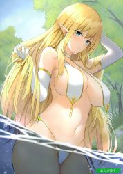 Rule 34 | 1girl, absurdres, anza tomo, artist name, artist request, bare shoulders, blonde hair, blue eyes, blue sky, breast curtains, breasts, choker, day, elbow gloves, elf, gloves, highleg, highleg panties, highres, looking at viewer, medium breasts, melonbooks, navel, outdoors, panties, parted lips, partially submerged, pointy ears, scan, simple background, sky, solo, stomach, underwear, water, white gloves