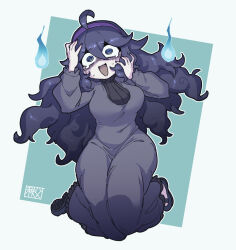 Rule 34 | 1girl, :d, @ @, ahoge, black footwear, blue eyes, border, breasts, chichibu (watson), commentary request, creatures (company), curly hair, dress, full body, game freak, hair between eyes, hairband, hands up, hex maniac (pokemon), large breasts, nail polish, nintendo, open mouth, outline, pokemon, pokemon xy, purple hairband, purple nails, shoes, signature, smile, solo, sweat, white border