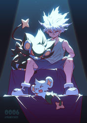 Rule 34 | 1boy, bare arms, commentary request, creatures (company), evolution, evolutionary line, game freak, gen 4 pokemon, hair between eyes, hunter x hunter, kariki hajime, killua zoldyck, looking at viewer, luxray, male focus, nintendo, pokemon, pokemon (creature), shinx, shirt, shorts, sitting, solo, spiked hair, spotlight, stage, stage lights