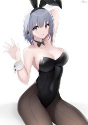 Rule 34 | 1girl, absurdres, alternate costume, animal ears, arm behind head, arm up, bare shoulders, black bow, black bowtie, black leotard, black pantyhose, bow, bowtie, breasts, chinese commentary, cleavage, collarbone, covered navel, fake animal ears, feet out of frame, girls&#039; frontline, grey hair, hair ornament, hair ribbon, hairclip, highres, large breasts, leotard, looking at viewer, open mouth, pantyhose, parted lips, playboy bunny, purple eyes, rabbit ears, ribbon, rpk-16 (girls&#039; frontline), short hair, sidelocks, simple background, smile, solo, standing, thighs, white background, white wrist cuffs, wrist cuffs, yanwulazy