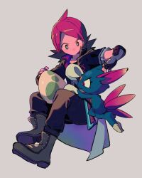 Rule 34 | 1boy, boots, bright pupils, closed mouth, commentary request, cowlick, creatures (company), egg, fingerless gloves, game freak, gen 2 pokemon, gloves, grey footwear, highres, long hair, looking down, male focus, nintendo, official alternate costume, ok ko19, pants, parted bangs, pink hair, pokemon, pokemon (creature), pokemon egg, pokemon masters ex, short sleeves, silver (pokemon), silver (sygna suit) (pokemon), sitting, sneasel, white pupils