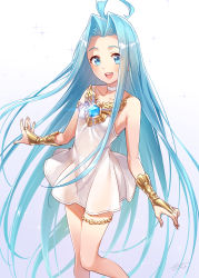 Rule 34 | 1girl, :d, ahoge, bare legs, bare shoulders, blue eyes, blue hair, blush, bridal gauntlets, choker, collarbone, commentary request, dress, feet out of frame, forehead, gem, glowing, granblue fantasy, highres, long hair, looking at viewer, lyria (granblue fantasy), open mouth, round teeth, blue gemstone, simple background, sleeveless, sleeveless dress, smile, solo, standing, straight hair, teeth, thighlet, upper teeth only, very long hair, wedo, white background, white choker, white dress