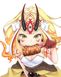 Rule 34 | 1girl, blonde hair, eating, fate/grand order, fate (series), horns, ibaraki douji (fate), japanese clothes, long hair, meat, oni, simple background, slit pupils, tattoo, white background, yellow eyes