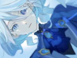 Rule 34 | 1girl, 7go t, ascot, blue ascot, blue gemstone, blue hair, close-up, drop-shaped pupils, dutch angle, furina (genshin impact), gem, genshin impact, heterochromia, highres, long hair, looking at viewer, mismatched pupils, multicolored hair, parted lips, portrait, solo, streaked hair, symbol-shaped pupils, very long hair, white hair