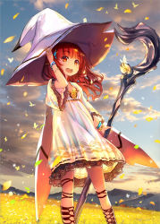 Rule 34 | 1girl, adjusting clothes, adjusting headwear, bracelet, bug, butterfly, cloud, dress, dutch angle, hat, highres, bug, jewelry, long hair, open mouth, orange eyes, original, petals, red hair, sky, solo, thigh strap, virus (obsession), wand, witch hat