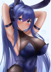 Rule 34 | 1girl, :3, absurdres, animal ears, arm strap, armpits, arms up, azur lane, bare shoulders, blue eyes, blue hair, blue leotard, blush, bodystocking, breasts, cleavage, commentary, covered collarbone, covered navel, cowboy shot, fake animal ears, hair between eyes, hair intakes, headgear, highres, large breasts, leotard, long hair, looking at viewer, new jersey (azur lane), new jersey (exhilarating steps!) (azur lane), official alternate costume, playboy bunny, rabbit ears, ryara, see-through, see-through cleavage, sidelocks, skindentation, smile, solo, standing, strapless, strapless leotard, very long hair