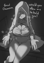Rule 34 | 1girl, aestheticc-meme, breasts, cleavage, elden ring, english text, fia the deathbed companion, greyscale, heart, heart-shaped pupils, highres, hood, hood up, large breasts, looking at viewer, monochrome, navel, on bed, parted lips, sitting, solo, sweat, symbol-shaped pupils, thighs, wide sleeves