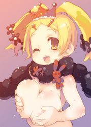 Rule 34 | 1girl, ;d, bad id, bad pixiv id, blonde hair, blush, body blush, breasts, breasts squeezed together, crown, ernula, flower, hair flower, hair ornament, hairclip, happy, large breasts, naked scarf, no nose, nude, one eye closed, open mouth, rabbit, scarf, senkou no ronde, short hair, short twintails, simple background, smile, solo, sweat, twintails, upper body, wink, yellow eyes, zankuro