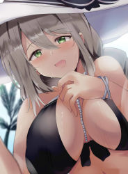 Rule 34 | 1girl, aquila (a sip of sardegnian elegance) (azur lane), aquila (azur lane), azur lane, bikini, black bikini, braid, breasts, cleavage, from below, green eyes, highres, jewelry, lap pillow, lap pov, large breasts, looking at viewer, necklace, official alternate costume, open mouth, outdoors, palm tree, pearl necklace, single braid, smile, solo, swimsuit, tonchinkan, tree