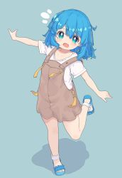 Rule 34 | 1girl, absurdres, aoi tori, bare legs, blue background, blue eyes, blue footwear, blue hair, blush, blush stickers, brown overalls, commentary request, fang, flat chest, full body, hair between eyes, highres, leg up, looking at viewer, medium hair, no socks, notice lines, original, outstretched arms, overall skirt, overalls, sandals, shirt, short sleeves, skin fang, smile, solo, spread arms, teru-chan (aoi tori), white shirt