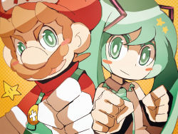 Rule 34 | 1boy, 1girl, aqua eyes, aqua hair, bad id, bad pixiv id, bare shoulders, blush stickers, brown hair, clenched hands, commentary request, crossover, facial hair, gloves, hair ornament, hat, hatsune miku, long hair, looking at viewer, mario, mario (series), mustache, necktie, nintendo, open mouth, overalls, red shirt, shirt, short hair, sleeveless, smile, star (symbol), twintails, uroad7, vocaloid, white gloves