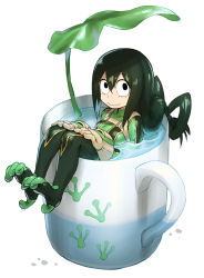Rule 34 | 10s, 1girl, :&gt;, animal hands, asui tsuyu, black eyes, black hair, bodysuit, boku no hero academia, closed mouth, cup, dripping, eyebrows, footprints, full body, gloves, hair between eyes, hair rings, hands on thighs, highres, in container, in cup, leaf umbrella, long hair, long sleeves, looking at viewer, low-tied long hair, mini person, minigirl, mug, murakami hisashi, oversized object, pantyhose, partially submerged, paw gloves, paw shoes, shoes, simple background, sitting, solo, split-toe footwear, unitard, water drop, wet, wet hair, white background