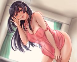 Rule 34 | 1girl, :d, areolae, bangs, bare shoulders, black hair, blush, breasts, cleavage, collarbone, commentary request, dutch angle, grey eyes, hand to own mouth, highres, leaning forward, long hair, looking at viewer, love live!, love live! nijigasaki high school idol club, nipples, one side up, open mouth, pink shirt, rushsoldier, see-through, see-through shirt, shirt, smile, solo, strap slip, yuuki setsuna (love live!)
