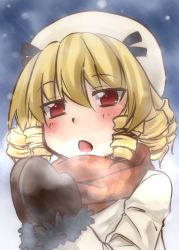 Rule 34 | 1girl, bad id, bad pixiv id, blonde hair, blush, chestnut mouth, drill hair, female focus, kamo (yokaze), luna child, open mouth, red eyes, solo, touhou