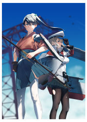 Rule 34 | 2girls, absurdres, black gloves, black legwear, blonde hair, blue eyes, blue hakama, blurry, blurry background, border, bow (weapon), breasts, capelet, closed mouth, day, eight tohyama, flight deck, gloves, graf zeppelin (kancolle), hair between eyes, hair ribbon, hakama, hakama short skirt, hakama skirt, hat, highres, holding, holding bow (weapon), holding weapon, houshou (kancolle), japanese clothes, kantai collection, long hair, long sleeves, military, military uniform, multiple girls, outdoors, pantyhose, parted lips, partially fingerless gloves, partly fingerless gloves, peaked cap, pleated skirt, ponytail, pouch, quiver, ribbon, rigging, sidelocks, single glove, skirt, sky, tasuki, thighhighs, torn clothes, torn legwear, twintails, uniform, weapon, white border, white legwear, yugake