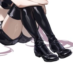 Rule 34 | 1girl, black footwear, black shorts, boots, commentary, crop top, foolish potato, head out of frame, knees up, leg focus, lower body, midriff, nanakusa nazuna (yofukashi no uta), shorts, simple background, sitting, solo, thigh boots, thighhighs, thighs, unfinished, white background, yofukashi no uta, zettai ryouiki