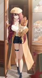 Rule 34 | 1girl, bag, beret, black footwear, black shorts, blanc (blanc97), bread, breasts, cleavage, coat, food, hat, highres, holding, holding bag, large breasts, long hair, open clothes, open coat, open door, original, red hair, short shorts, shorts, sign, sleeves past wrists, storefront, thigh strap, white tail