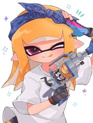 Rule 34 | 1girl, :p, black shorts, blue bow, blue headband, blunt bangs, blush, bow, closed mouth, commentary request, gloves, headband, highres, holding, holding weapon, inkling, inkling girl, inkling player character, l-3 nozzlenose (splatoon), long hair, multicolored clothes, multicolored gloves, nintendo, notice lines, one eye closed, orange hair, pink eyes, pointy ears, salmon 100, salute, shirt, short sleeves, shorts, smile, solo, splatoon (series), star (symbol), tentacle hair, tongue, tongue out, weapon, white background, white shirt