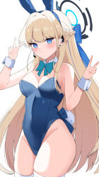 Rule 34 | 1girl, absurdres, animal ears, blonde hair, blue archive, blue leotard, breasts, cleavage, double v, fake animal ears, halo, highres, leotard, long hair, looking at viewer, medium breasts, official alternate costume, playboy bunny, rabbit ears, simple background, solo, thighs, toki (blue archive), toki (bunny) (blue archive), ute (perouthi), v, white background, white wrist cuffs, wrist cuffs