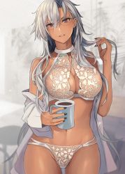 Rule 34 | 1girl, alternate hairstyle, black nails, bra, breasts, cleavage, collarbone, cup, dark-skinned female, dark skin, glasses, grin, hair down, highres, holding, holding cup, holding hair, kantai collection, kasumi (skchkko), large breasts, long hair, looking at viewer, musashi (kancolle), nail polish, navel, open clothes, open shirt, panties, shirt, silver hair, smile, solo, underwear, white panties, white shirt