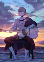 Rule 34 | 1boy, absurdres, black choker, black pants, brown sweater, choker, cloud, collarbone, highres, holostars, instrument, jewelry, male focus, music, necklace, nemoto yuuma, open mouth, pants, pink hair, playing instrument, rikka (holostars), sitting, sky, smile, solo, sunrise, sweater, virtual youtuber, water
