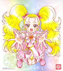 Rule 34 | 1girl, :d, blonde hair, bow, brooch, capelet, detached sleeves, dress, earrings, floating hair, frilled sleeves, frills, full body, futari wa precure, futari wa precure max heart, green eyes, hair bow, hair ornament, heart, heart brooch, heart earrings, heart hair ornament, highres, jewelry, kujou hikari, long hair, long sleeves, looking at viewer, official art, open mouth, pink bow, pink capelet, pink dress, pink footwear, pink sleeves, precure, shiny luminous, short dress, smile, solo, twintails, very long hair