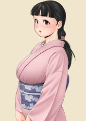 Rule 34 | 1girl, black hair, blush, breasts, highres, japanese clothes, kimono, large breasts, long hair, long sleeves, looking at viewer, mature female, nemui333, obi, open mouth, original, pink kimono, sash, simple background, solo, wide sleeves