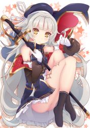 Rule 34 | 1girl, azur lane, bare shoulders, beret, black socks, blue dress, blue hat, blush, breasts, brown eyes, closed mouth, commentary request, dress, gloves, hat, headpiece, highres, holding, holding sword, holding weapon, kan lee, long hair, long sleeves, looking at viewer, mole, mole under eye, no shoes, puffy long sleeves, puffy sleeves, ribbon, saber (weapon), sheath, sheathed, silver hair, sleeveless, sleeveless dress, small breasts, socks, solo, star (symbol), sword, very long hair, weapon, white gloves, white ribbon, z46 (azur lane)