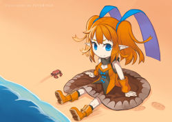 Rule 34 | 1girl, ankle boots, bare shoulders, beach, blue bow, blue eyes, boots, bow, breasts, brown skirt, cleavage, closed mouth, crab, footprints, hair ornament, looking at viewer, medium hair, nagi itsuki, ocean, orange footwear, orange hair, original, sand, skirt, smile, solo, twintails, wristband