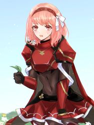 Rule 34 | 1girl, armor, braid, breastplate, cape, fire emblem, fire emblem engage, grey hairband, hairband, helen (helen2210hk), highres, lapis (fire emblem), nintendo, pink eyes, pink hair, red armor, red cape, red hairband, ribbon, side braid, solo, two-tone hairband, white ribbon