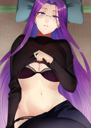 Rule 34 | 1girl, absurdres, black bra, black panties, black sweater, bra, breasts, clothes lift, clothes pull, fate/hollow ataraxia, fate (series), glasses, highres, lifting own clothes, long hair, long sleeves, lying, medium breasts, medusa (fate), medusa (rider) (fate), navel, on back, panties, pants, pants pull, pulling own clothes, purple eyes, purple hair, rororo, solo, sweater, sweater lift, underwear, very long hair
