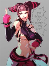 Rule 34 | 1girl, bad id, black hair, bracelet, breasts, capcom, detached sleeves, drill hair, elbow gloves, gloves, halterneck, halterneck, han juri, hard-translated, jewelry, large breasts, middle finger, midriff, nail polish, oetaro, purple eyes, short hair, sideboob, solo, spiked bracelet, spikes, street fighter, street fighter iv (series), third-party edit, tongue, translated, twin drills, twintails, underboob