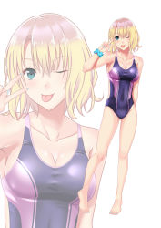 Rule 34 | 1girl, bare shoulders, barefoot, blonde hair, blue eyes, blush, breasts, cleavage, collarbone, commentary request, competition swimsuit, full body, highres, large breasts, looking at viewer, multiple views, nail polish, one-piece swimsuit, one eye closed, original, short hair, smile, standing, swimsuit, tehepero, tongue, tongue out, zaregoto tsukai no deshi